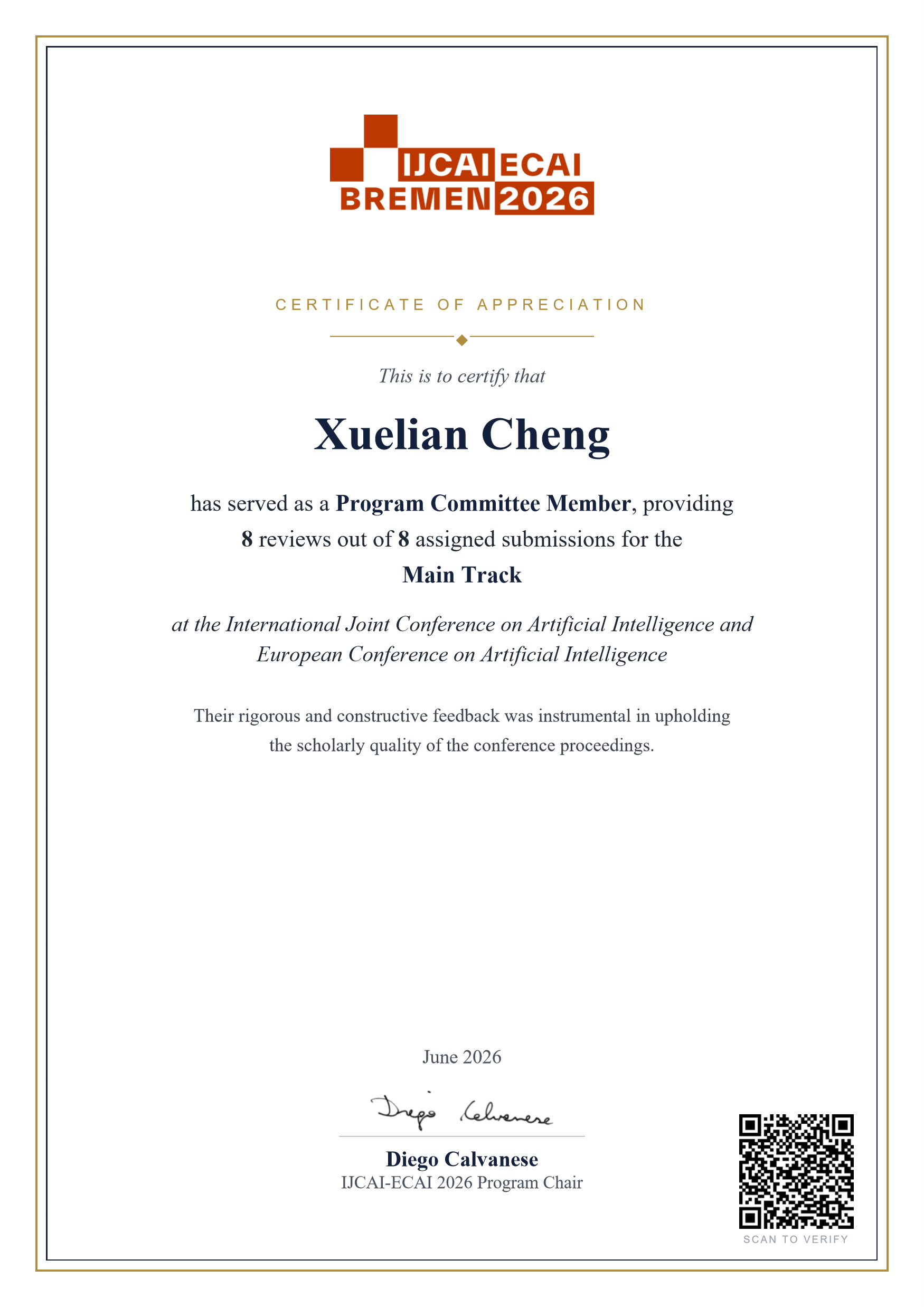 Certificate of Appreciation, IJCAI-ECAI 2026 Program Committee Member